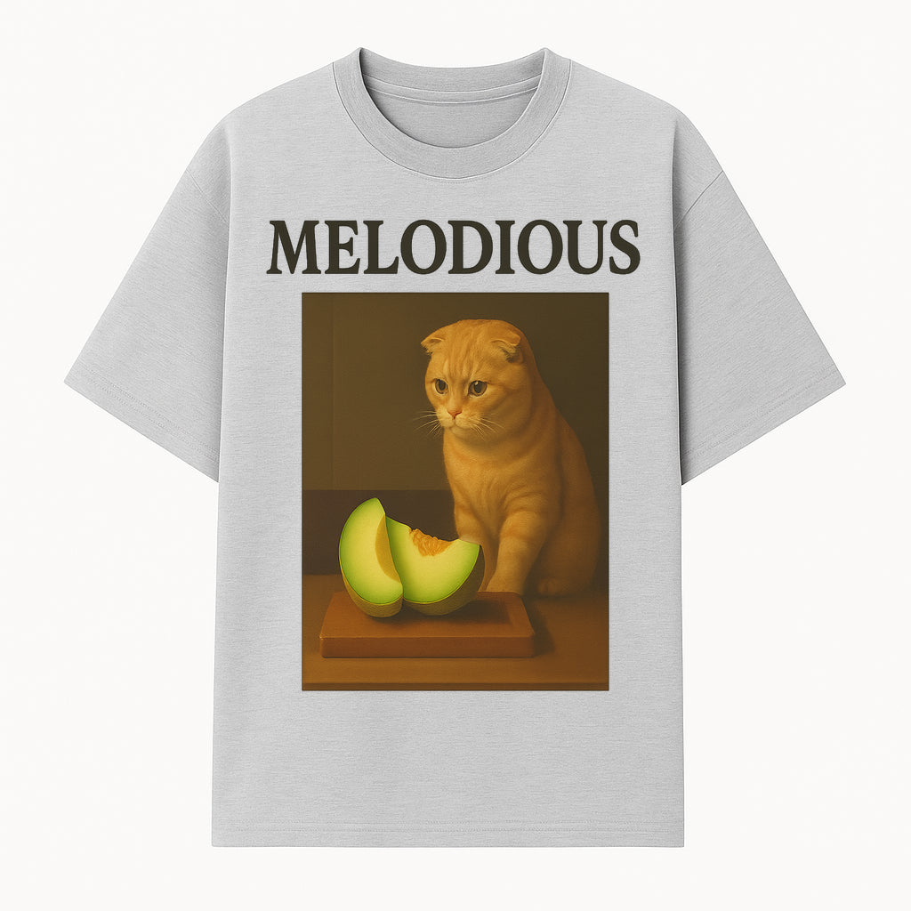 Melodious Cat Art Print - Cute Feline with Melon Still Life - Whimsical Home Decor for Cat Lovers - T-shirt 1758181710379.jpg