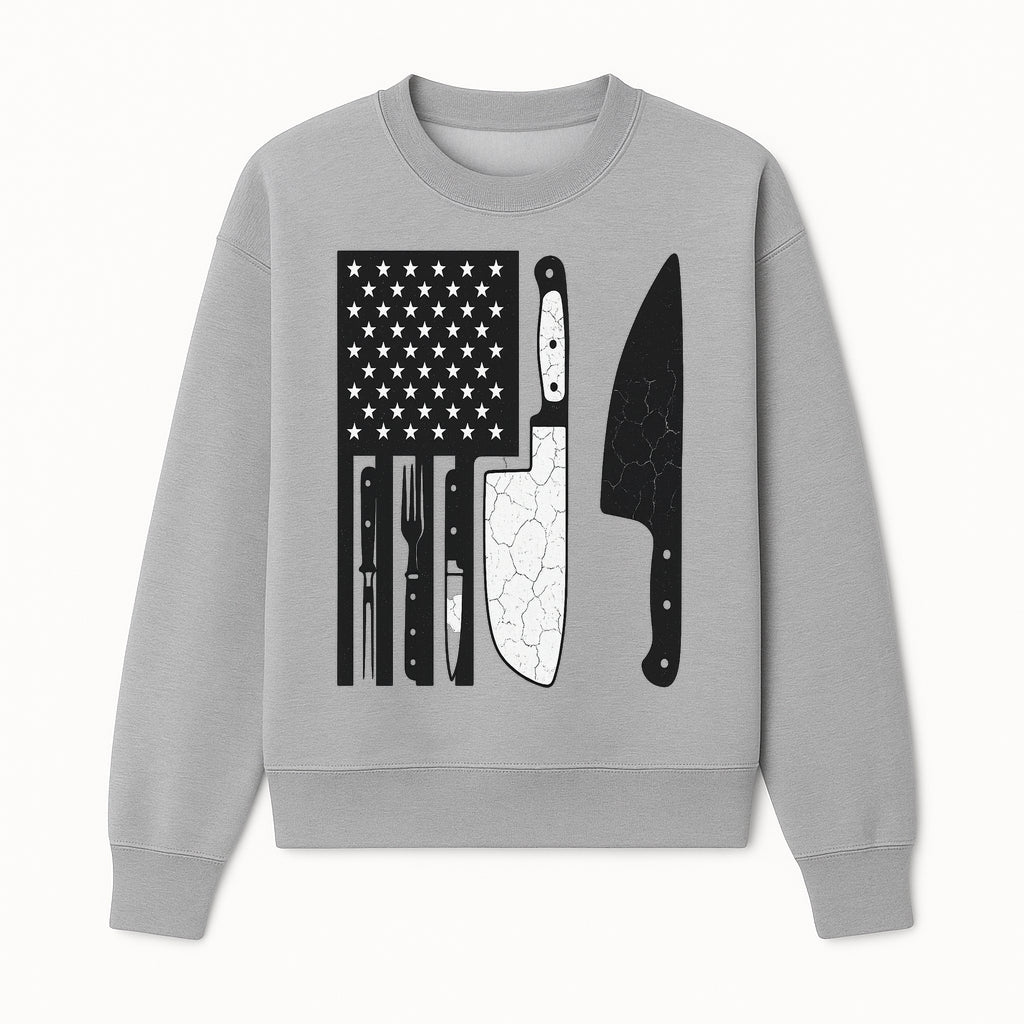American Flag Kitchen Knife Set - Rustic Black and White Design with Forks, Ideal for Chefs and Patriotic Home Cooks - Sweatshirt 1758181710402.jpg