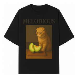 Melodious Cat Art Print - Cute Feline with Melon Still Life - Whimsical Home Decor for Cat Lovers - T-shirt 1758181710559.jpg