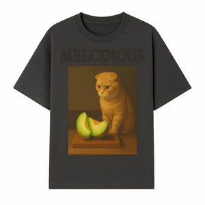 Melodious Cat Art Print - Cute Feline with Melon Still Life - Whimsical Home Decor for Cat Lovers - T-shirt 1758181710701.jpg