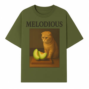 Melodious Cat Art Print - Cute Feline with Melon Still Life - Whimsical Home Decor for Cat Lovers - T-shirt 1758181710832.jpg