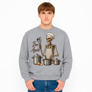 Skeleton Chef Bon App tit Kitchen Decor, Funny Culinary Art Print, Spooky Cooking Gift, Halloween Home Decoration, Cookware Illustration - Sweatshirt 1758181710872.jpg