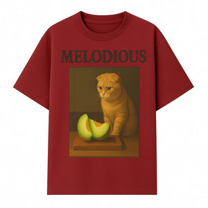 Melodious Cat Art Print - Cute Feline with Melon Still Life - Whimsical Home Decor for Cat Lovers - T-shirt 1758181711521.jpg