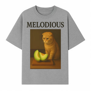 Melodious Cat Art Print - Cute Feline with Melon Still Life - Whimsical Home Decor for Cat Lovers - T-shirt 1758181711955.jpg