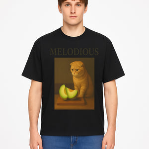 Melodious Cat Art Print - Cute Feline with Melon Still Life - Whimsical Home Decor for Cat Lovers - T-shirt 1758181713200.jpg