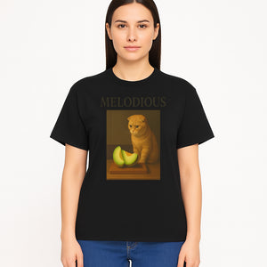 Melodious Cat Art Print - Cute Feline with Melon Still Life - Whimsical Home Decor for Cat Lovers - T-shirt 1758181713332.jpg