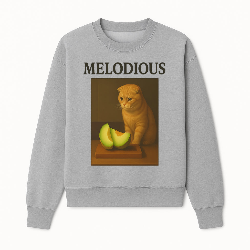 Melodious Cat Art Print - Cute Feline with Melon Still Life - Whimsical Home Decor for Cat Lovers - Sweatshirt 1758181713500.jpg