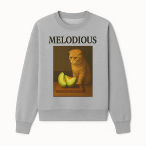 Melodious Cat Art Print - Cute Feline with Melon Still Life - Whimsical Home Decor for Cat Lovers - Sweatshirt 1758181713500.jpg
