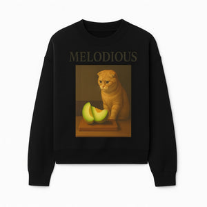 Melodious Cat Art Print - Cute Feline with Melon Still Life - Whimsical Home Decor for Cat Lovers - Sweatshirt 1758181713665.jpg