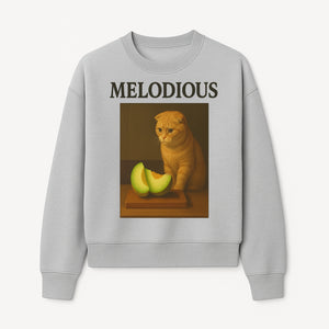 Melodious Cat Art Print - Cute Feline with Melon Still Life - Whimsical Home Decor for Cat Lovers - Sweatshirt 1758181714089.jpg