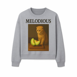 Melodious Cat Art Print - Cute Feline with Melon Still Life - Whimsical Home Decor for Cat Lovers - Sweatshirt 1758181714995.jpg