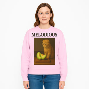 Melodious Cat Art Print - Cute Feline with Melon Still Life - Whimsical Home Decor for Cat Lovers - Sweatshirt 1758181716437.jpg