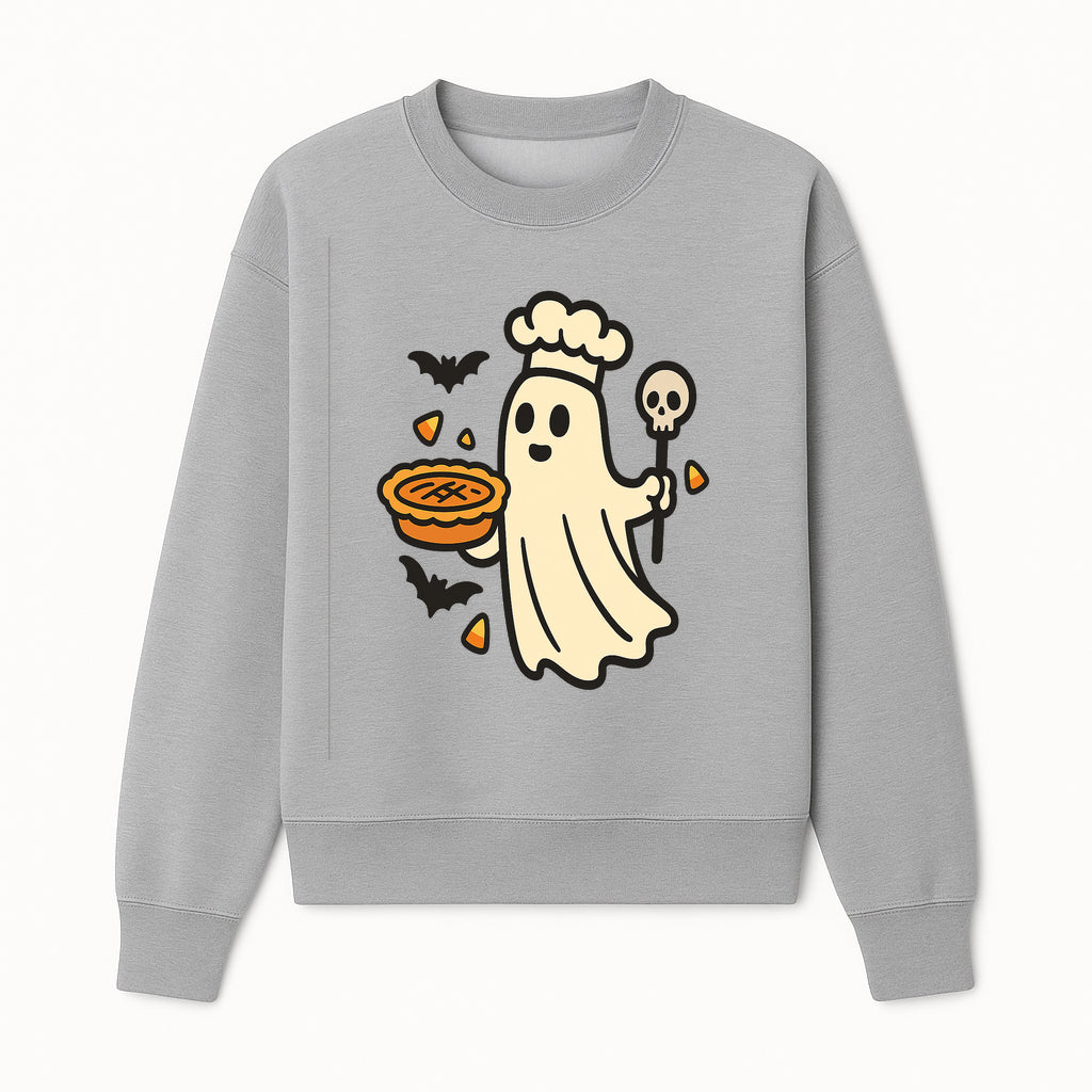 Cute Halloween Ghost Chef with Pie and Bats, Spooky Baking Decor, Trick or Treat Kitchen Art, Halloween Party Decoration - Sweatshirt 1758181721071.jpg