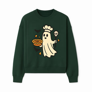 Cute Halloween Ghost Chef with Pie and Bats, Spooky Baking Decor, Trick or Treat Kitchen Art, Halloween Party Decoration - Sweatshirt 1758181721471.jpg