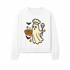 Cute Halloween Ghost Chef with Pie and Bats, Spooky Baking Decor, Trick or Treat Kitchen Art, Halloween Party Decoration - Sweatshirt 1758181722527.jpg