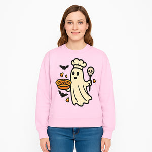 Cute Halloween Ghost Chef with Pie and Bats, Spooky Baking Decor, Trick or Treat Kitchen Art, Halloween Party Decoration - Sweatshirt 1758181723801.jpg