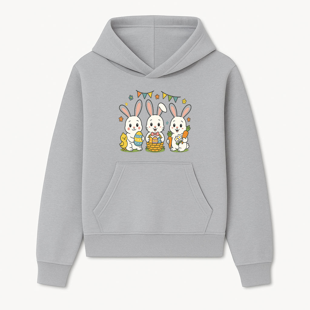 Easter Bunny Celebration Art Print | Cute Bunnies with Eggs, Carrots & Chick | Spring Holiday Decor for Kids' Rooms - Hoodie 1758250128210.jpg