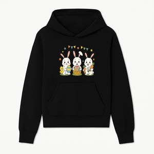 Easter Bunny Celebration Art Print | Cute Bunnies with Eggs, Carrots & Chick | Spring Holiday Decor for Kids' Rooms - Hoodie 1758250128370.jpg