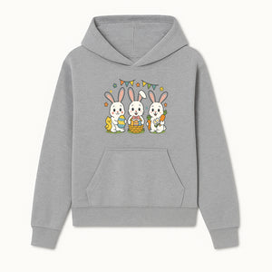 Easter Bunny Celebration Art Print | Cute Bunnies with Eggs, Carrots & Chick | Spring Holiday Decor for Kids' Rooms - Hoodie 1758250128846.jpg