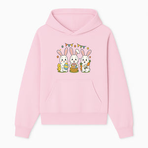 Easter Bunny Celebration Art Print | Cute Bunnies with Eggs, Carrots & Chick | Spring Holiday Decor for Kids' Rooms - Hoodie 1758250129129.jpg