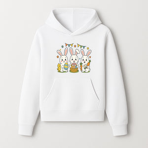 Easter Bunny Celebration Art Print | Cute Bunnies with Eggs, Carrots & Chick | Spring Holiday Decor for Kids' Rooms - Hoodie 1758250129844.jpg