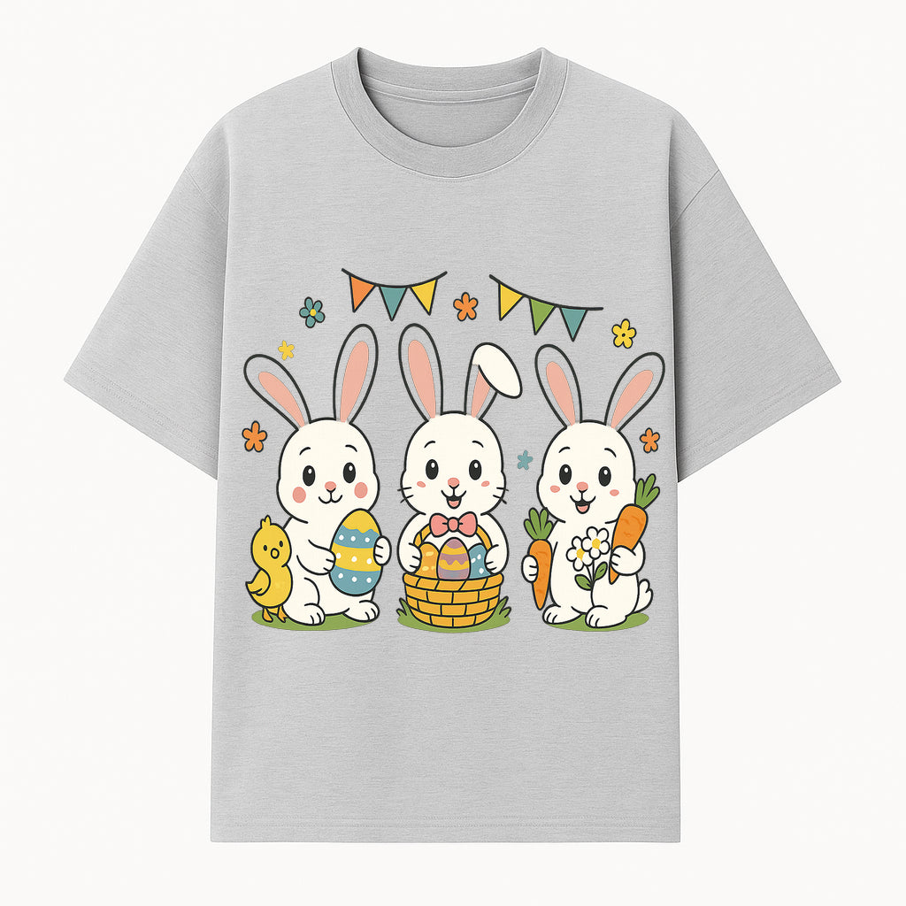 Easter Bunny Celebration Art Print | Cute Bunnies with Eggs, Carrots & Chick | Spring Holiday Decor for Kids' Rooms - T-shirt 1758250131318.jpg