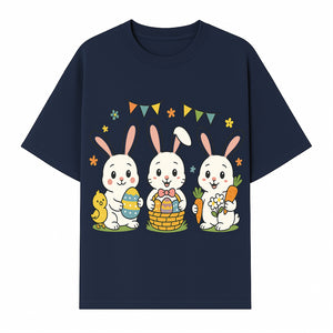 Easter Bunny Celebration Art Print | Cute Bunnies with Eggs, Carrots & Chick | Spring Holiday Decor for Kids' Rooms - T-shirt 1758250132581.jpg