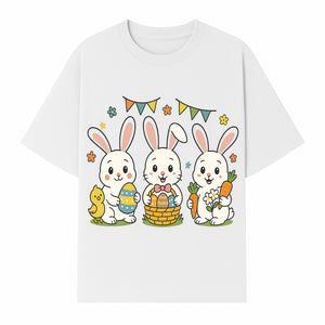 Easter Bunny Celebration Art Print | Cute Bunnies with Eggs, Carrots & Chick | Spring Holiday Decor for Kids' Rooms - T-shirt 1758250133038.jpg
