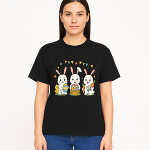 Easter Bunny Celebration Art Print | Cute Bunnies with Eggs, Carrots & Chick | Spring Holiday Decor for Kids' Rooms - T-shirt 1758250134324.jpg