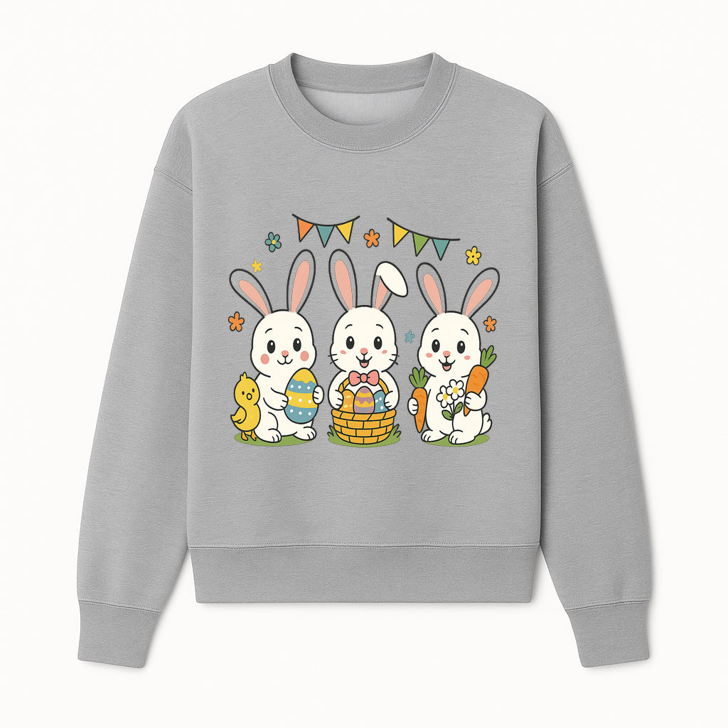 Easter Bunny Celebration Art Print | Cute Bunnies with Eggs, Carrots & Chick | Spring Holiday Decor for Kids' Rooms - Sweatshirt 1758250134500.jpg