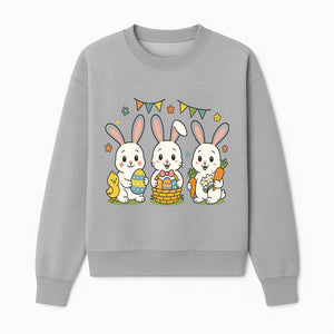 Easter Bunny Celebration Art Print | Cute Bunnies with Eggs, Carrots & Chick | Spring Holiday Decor for Kids' Rooms - Sweatshirt 1758250134500.jpg