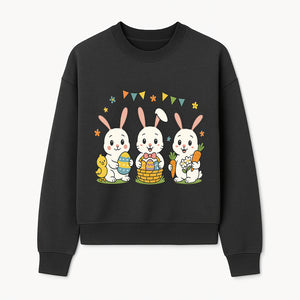 Easter Bunny Celebration Art Print | Cute Bunnies with Eggs, Carrots & Chick | Spring Holiday Decor for Kids' Rooms - Sweatshirt 1758250134816.jpg