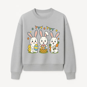 Easter Bunny Celebration Art Print | Cute Bunnies with Eggs, Carrots & Chick | Spring Holiday Decor for Kids' Rooms - Sweatshirt 1758250135149.jpg