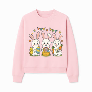 Easter Bunny Celebration Art Print | Cute Bunnies with Eggs, Carrots & Chick | Spring Holiday Decor for Kids' Rooms - Sweatshirt 1758250135447.jpg