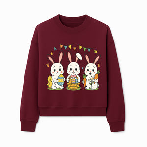 Easter Bunny Celebration Art Print | Cute Bunnies with Eggs, Carrots & Chick | Spring Holiday Decor for Kids' Rooms - Sweatshirt 1758250135630.jpg