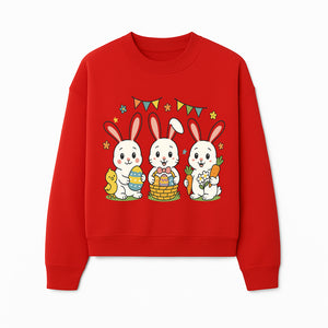 Easter Bunny Celebration Art Print | Cute Bunnies with Eggs, Carrots & Chick | Spring Holiday Decor for Kids' Rooms - Sweatshirt 1758250135919.jpg