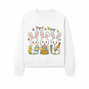 Easter Bunny Celebration Art Print | Cute Bunnies with Eggs, Carrots & Chick | Spring Holiday Decor for Kids' Rooms - Sweatshirt 1758250136323.jpg