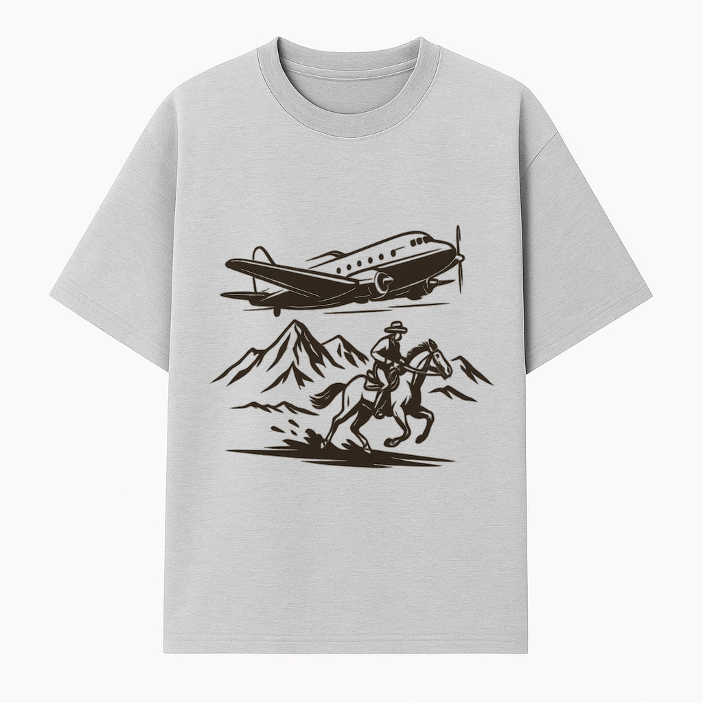 Vintage Adventure Art Print: Airplane and Cowboy on Horseback in Mountains, Western Theme Wall Decor, Retro Travel Illustration - T-shirt 1758254654943.jpg