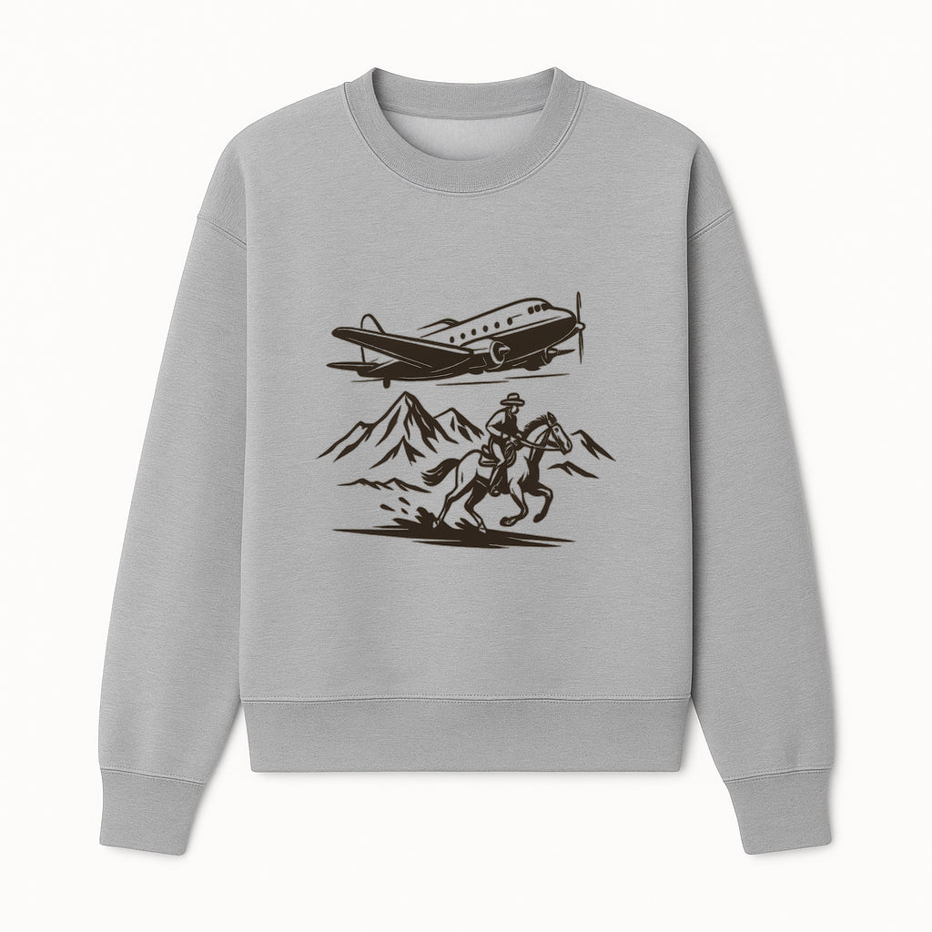 Vintage Adventure Art Print: Airplane and Cowboy on Horseback in Mountains, Western Theme Wall Decor, Retro Travel Illustration - Sweatshirt 1758254658109.jpg
