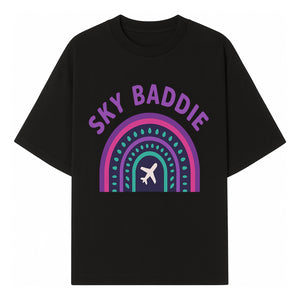 Sky Baddie Rainbow Airplane Graphic T-Shirt | Trendy Aviation Design for Travel Lovers | Stylish Comfortable Casual Wear - T-shirt 1758254666131.jpg