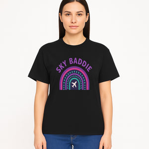 Sky Baddie Rainbow Airplane Graphic T-Shirt | Trendy Aviation Design for Travel Lovers | Stylish Comfortable Casual Wear - T-shirt 1758254669013.jpg