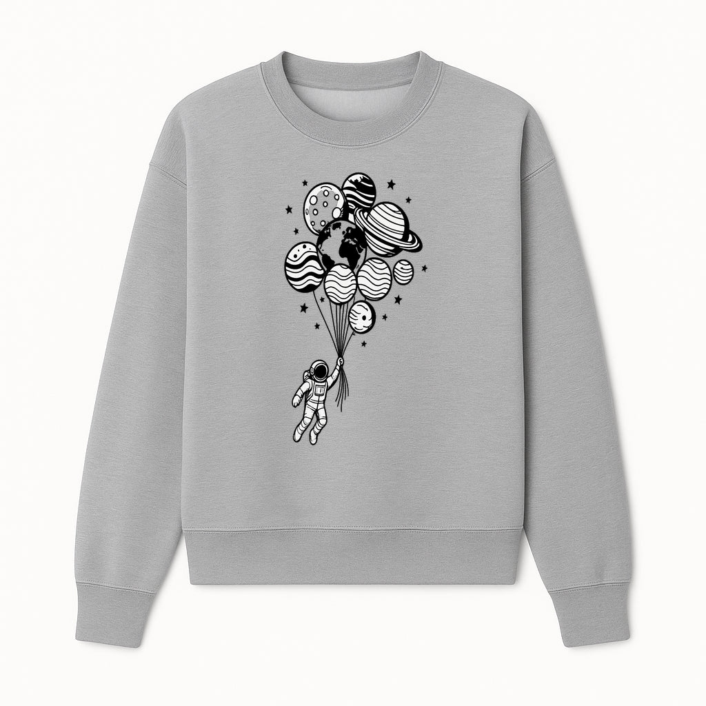 Astronaut Holding Planet Balloons Graphic T-Shirt | Space Adventure Design | Galaxy-Themed Apparel for Kids and Adults - Sweatshirt 1758273119904.jpg