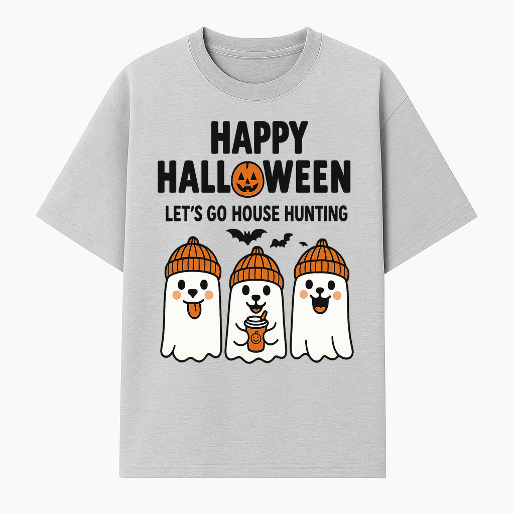 Happy Halloween Ghosts Design T-Shirt | Let's Go House Hunting | Cute Halloween Apparel for Kids & Adults | Spooky Season Fun - T-shirt 1758332987605.jpg