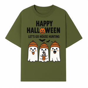 Happy Halloween Ghosts Design T-Shirt | Let's Go House Hunting | Cute Halloween Apparel for Kids & Adults | Spooky Season Fun - T-shirt 1758332988044.jpg