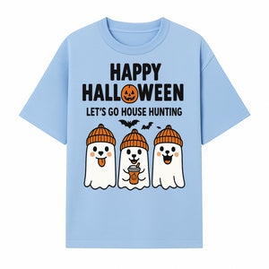 Happy Halloween Ghosts Design T-Shirt | Let's Go House Hunting | Cute Halloween Apparel for Kids & Adults | Spooky Season Fun - T-shirt 1758332988313.jpg