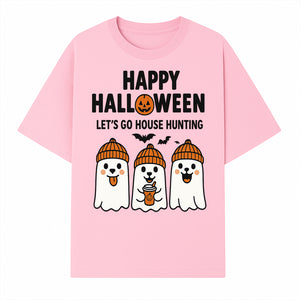 Happy Halloween Ghosts Design T-Shirt | Let's Go House Hunting | Cute Halloween Apparel for Kids & Adults | Spooky Season Fun - T-shirt 1758332988500.jpg