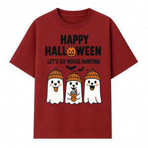 Happy Halloween Ghosts Design T-Shirt | Let's Go House Hunting | Cute Halloween Apparel for Kids & Adults | Spooky Season Fun - T-shirt 1758332988617.jpg