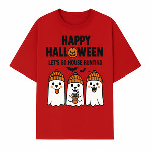 Happy Halloween Ghosts Design T-Shirt | Let's Go House Hunting | Cute Halloween Apparel for Kids & Adults | Spooky Season Fun - T-shirt 1758332988882.jpg