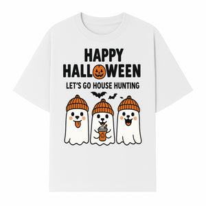 Happy Halloween Ghosts Design T-Shirt | Let's Go House Hunting | Cute Halloween Apparel for Kids & Adults | Spooky Season Fun - T-shirt 1758332989160.jpg