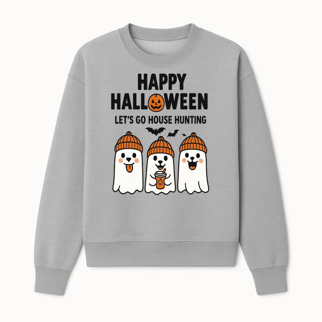 Happy Halloween Ghosts Design T-Shirt | Let's Go House Hunting | Cute Halloween Apparel for Kids & Adults | Spooky Season Fun - Sweatshirt 1758332990619.jpg